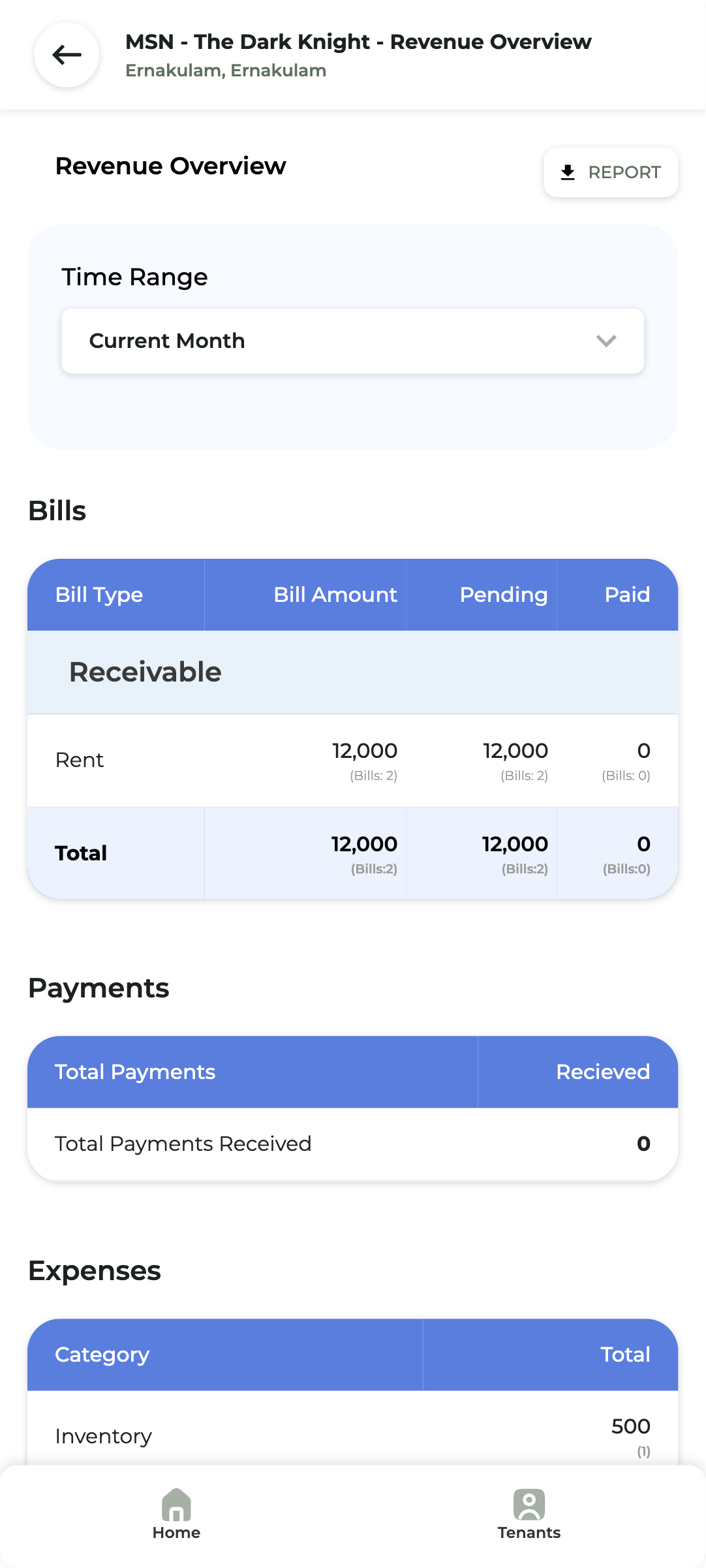 Roomindo owner app finances screen showing property management dashboard for hostel owners