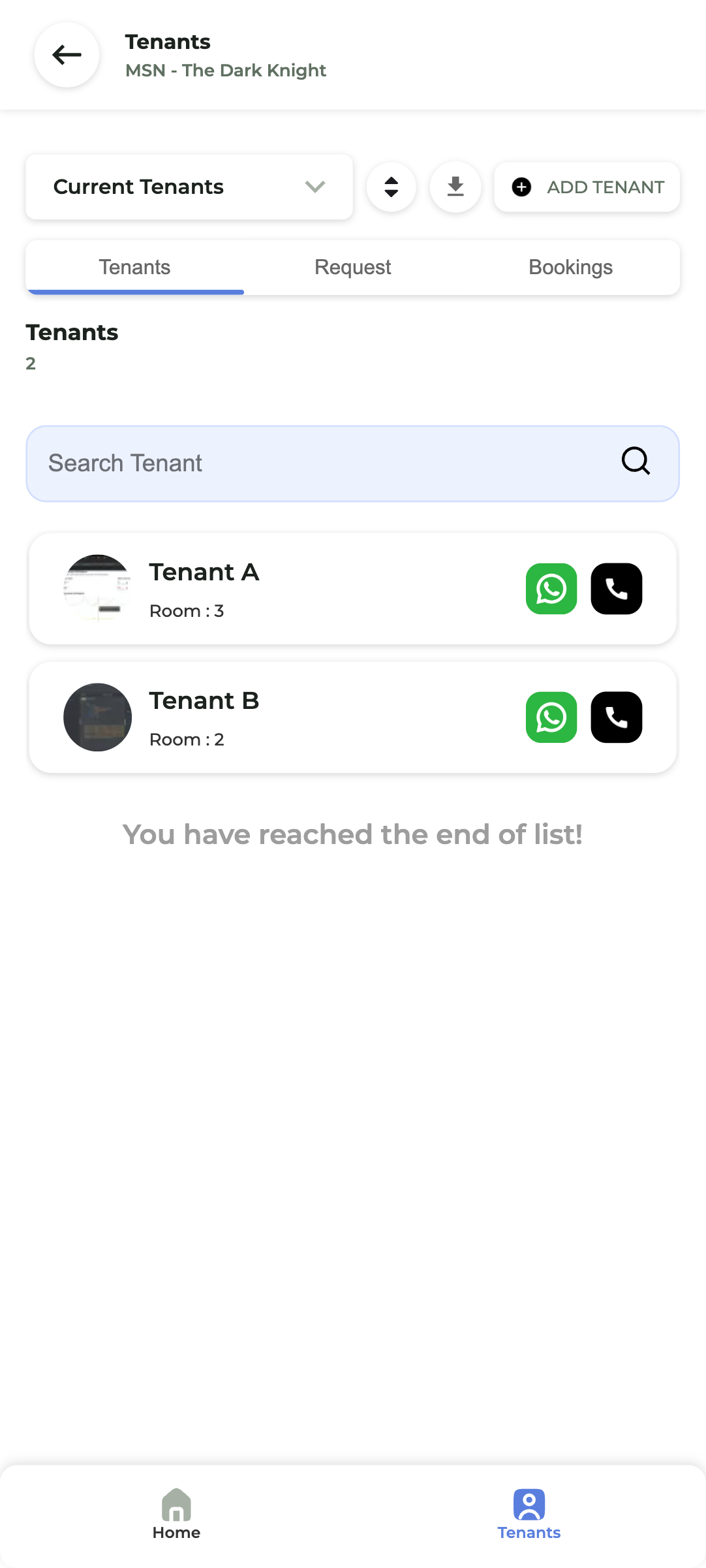 Roomindo owner app tenant requests screen showing property management dashboard for hostel owners