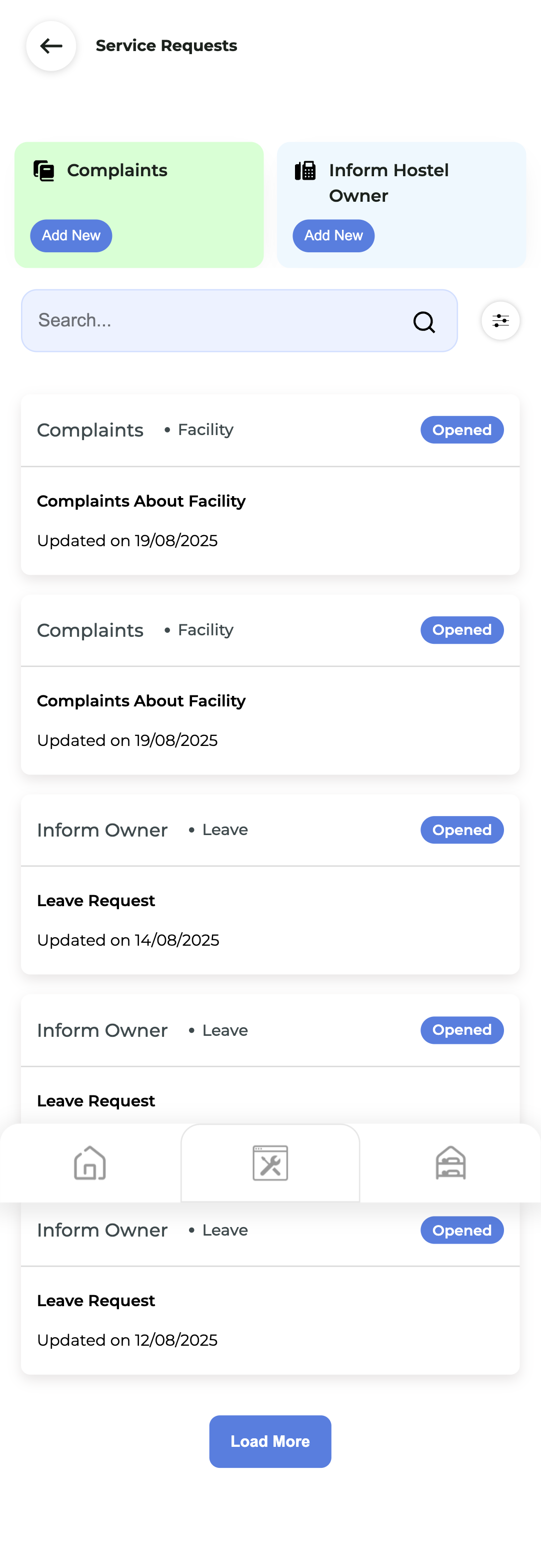 Roomindo tenant app service requests screen for PG rent payments and service requests