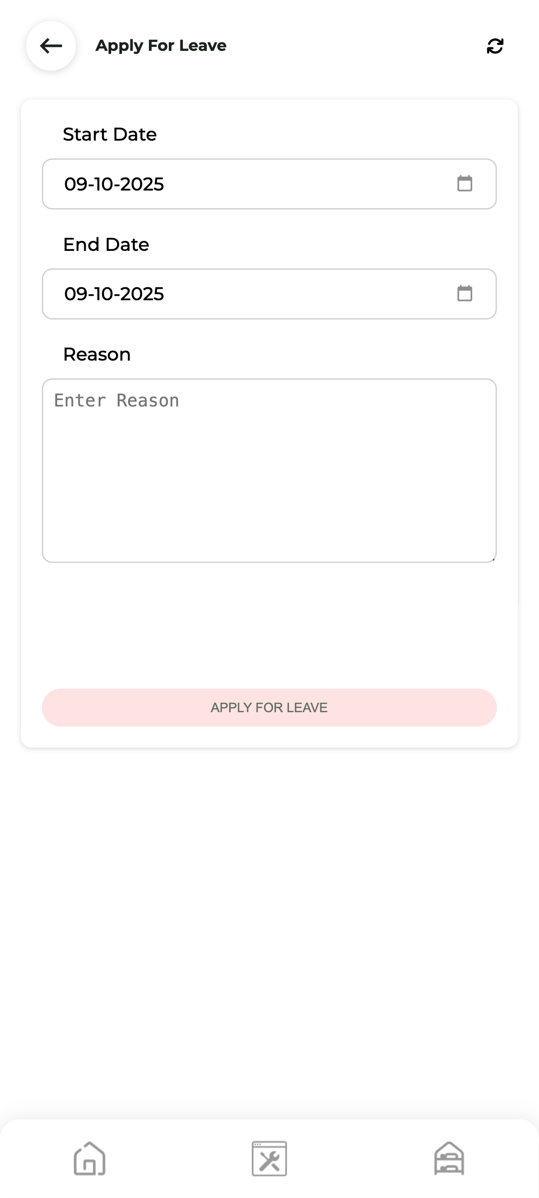 Roomindo tenant app leave requests screen for PG rent payments and service requests