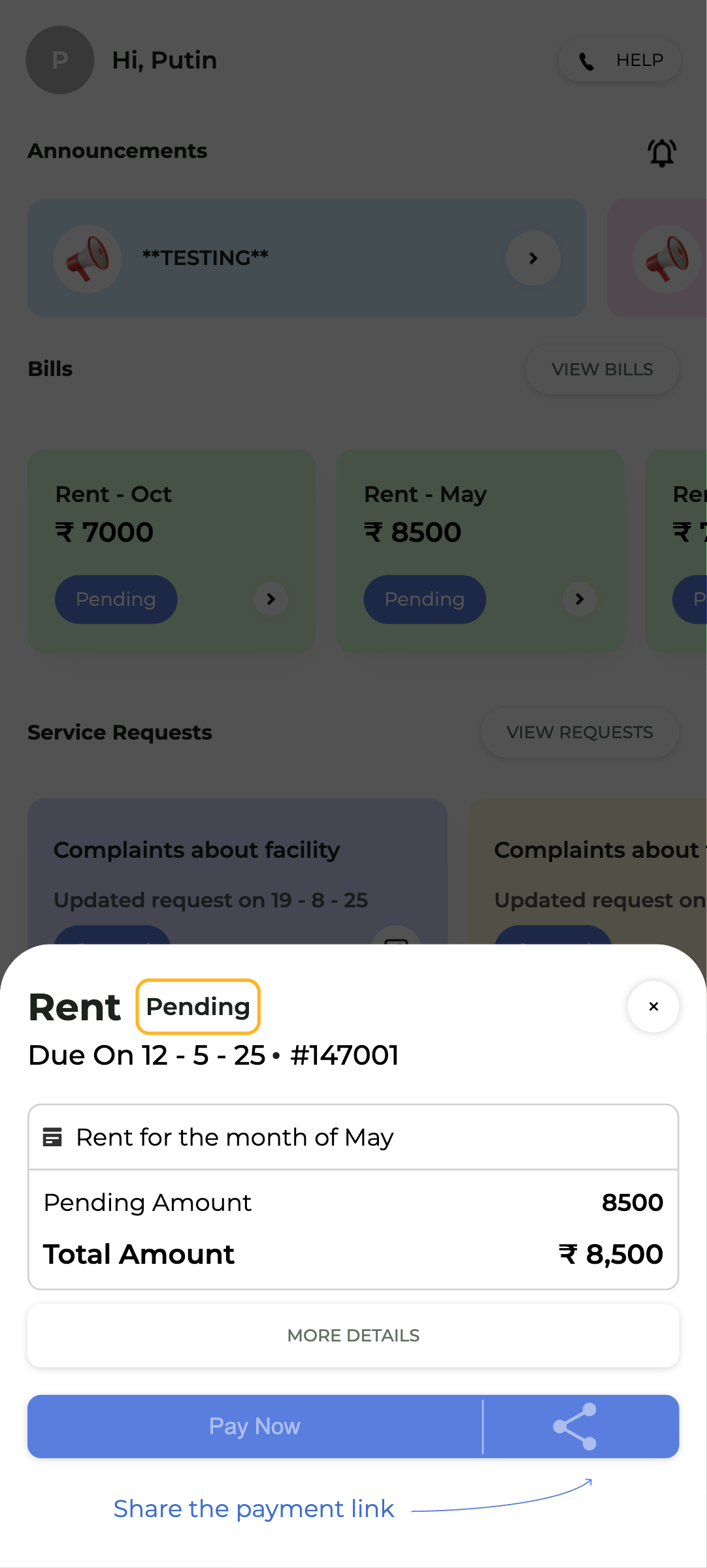 Roomindo tenant app rent payment screen for PG rent payments and service requests